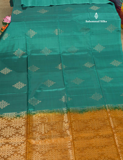Bottle Green Kolam Design Kanjivaram Pure Soft Silk Saree With Contrast Mustard Yellow Blouse