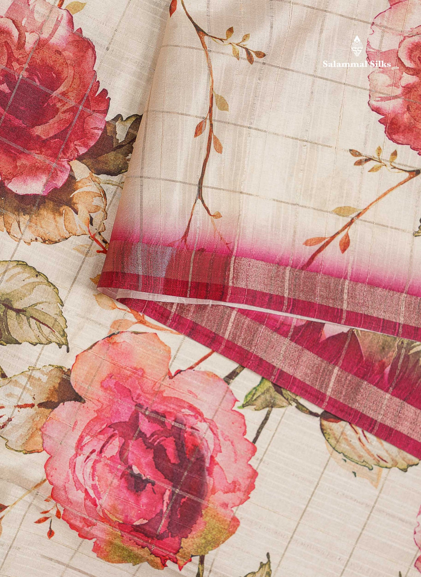 Beautiful Half White Checks With Floral Design Semi Tussar Saree With Contrast Maroon Blouse