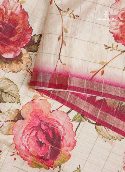 Beautiful Half White Checks With Floral Design Semi Tussar Saree With Contrast Maroon Blouse