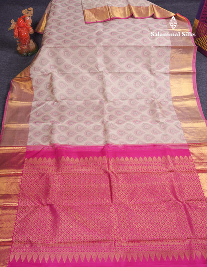Beautiful Half White Pure Kanjivaram Silk Saree With Contrast Rani Pink Blouse