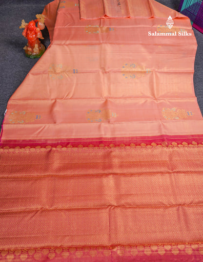 Beautiful Peach Fancy Vairaoosi Menakari Work Pure Kanjivaram Silk Saree with Contrast Pink Blouse