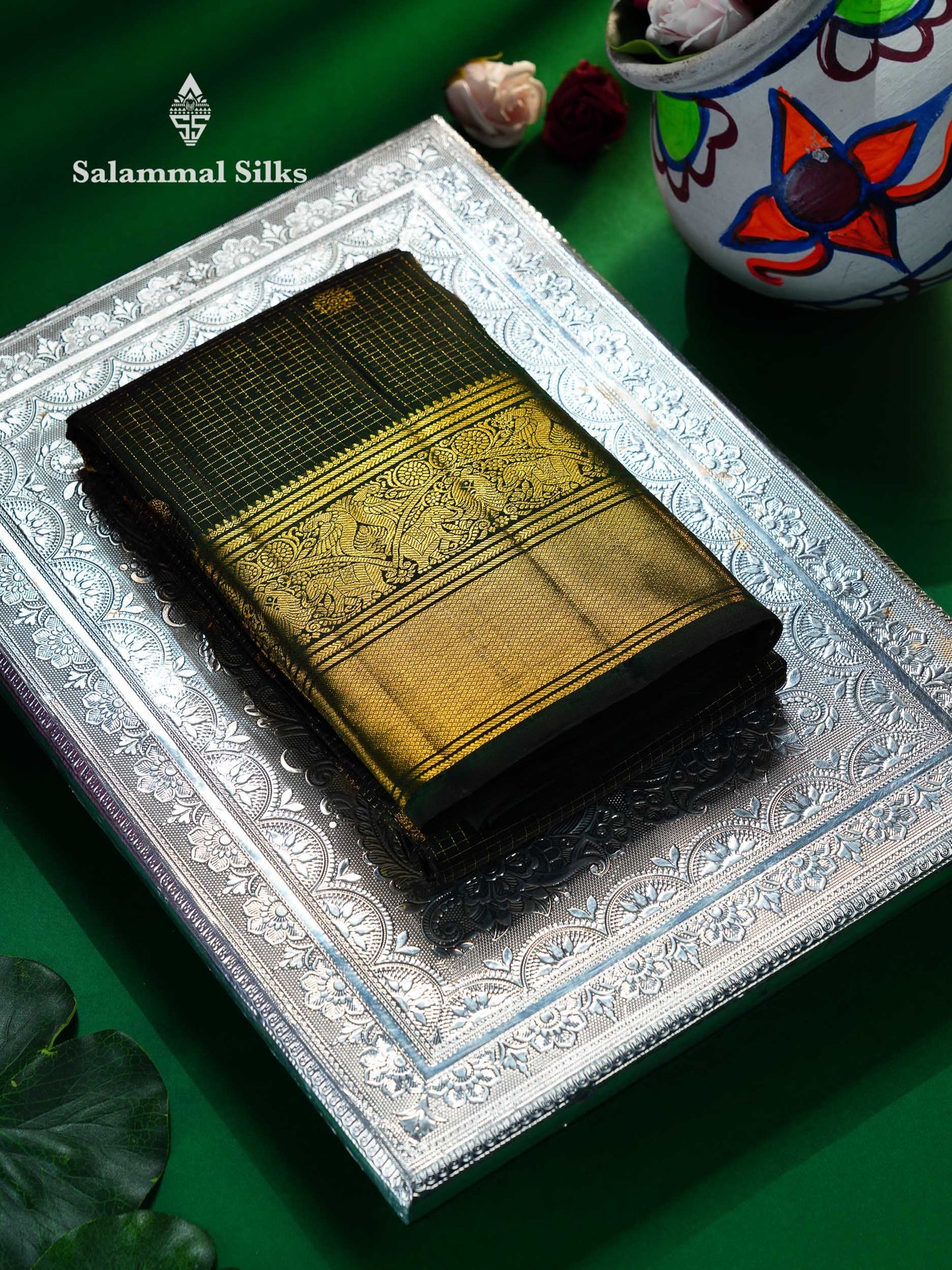 Beautiful Bottle Green Small Zari Checks With Butta Pure Kanjivaram Silk Saree With Traditional Evening Morning Border