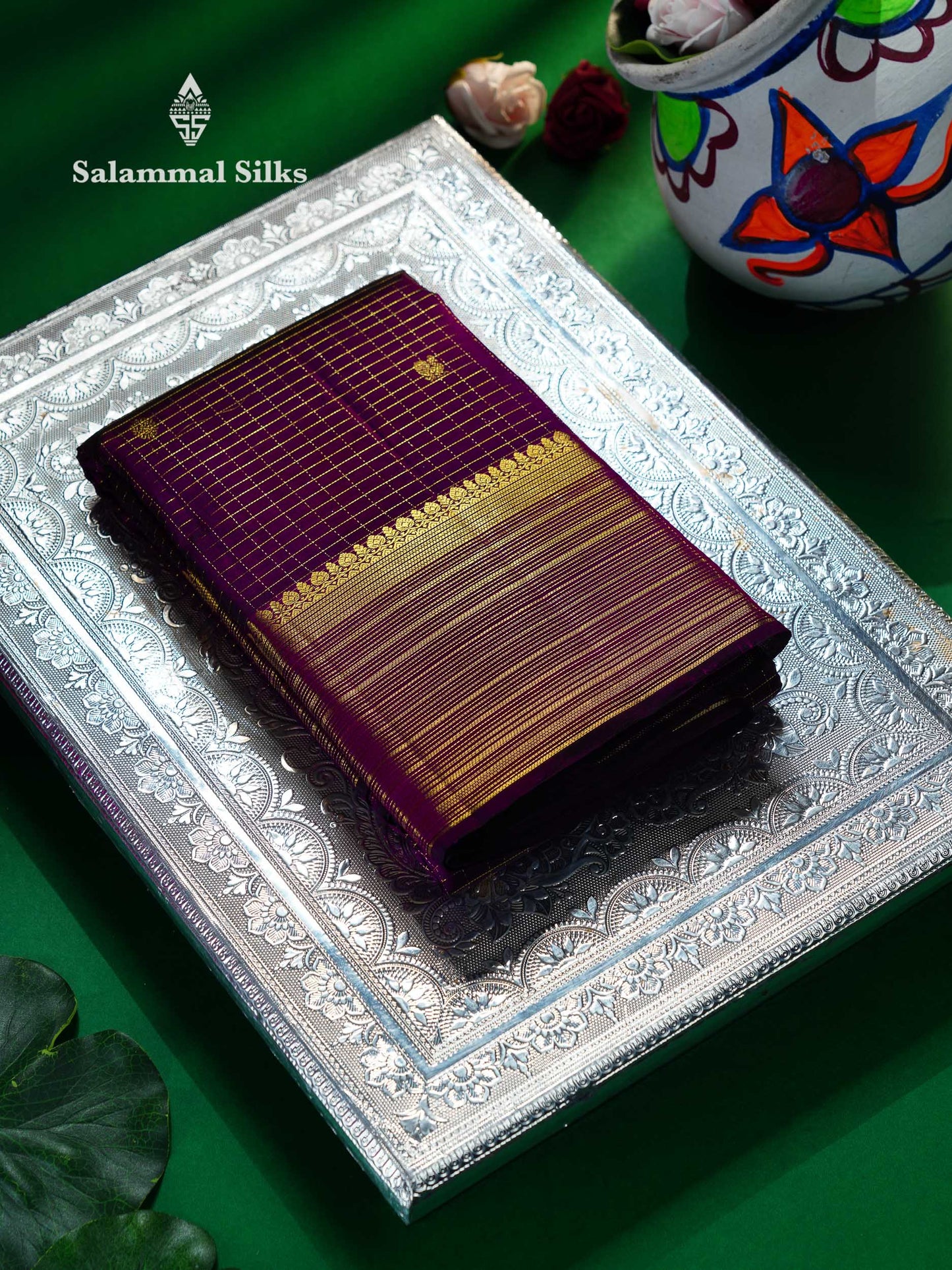 Beautiful Dark Purple Small Zari Checks With Butta Pure Kanjivaram Silk Saree With Traditional Border