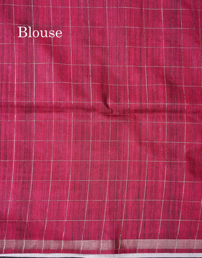 Beautiful Half White Checks With Floral Design Semi Tussar Saree With Contrast Maroon Blouse