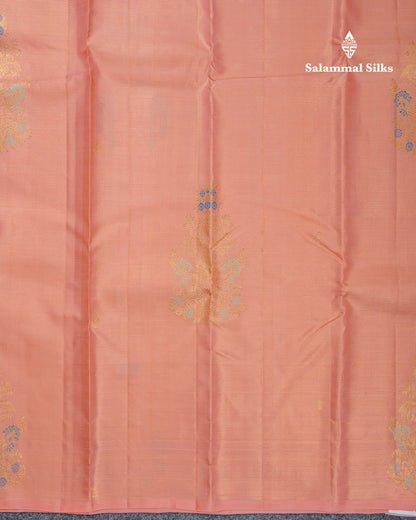 Beautiful Peach Fancy Vairaoosi Menakari Work Pure Kanjivaram Silk Saree with Contrast Pink Blouse