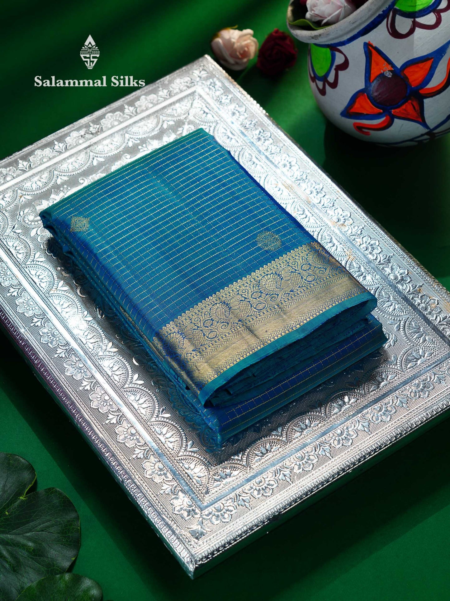 Beautiful Dual Tone Sky Blue Small Zari Checks With Butta Pure Kanjivaram Silk Saree With Traditional Medium Border
