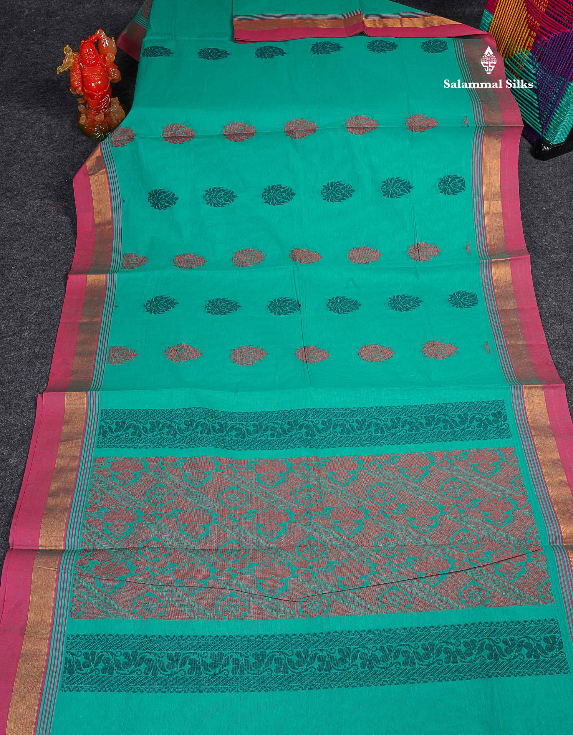 Pure Cotton Saree - Sea Green Colour Body Thread Butta With Contrast Pink Border 