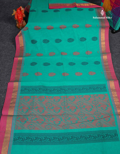 Pure Cotton Saree - Sea Green Colour Body Thread Butta With Contrast Pink Border 