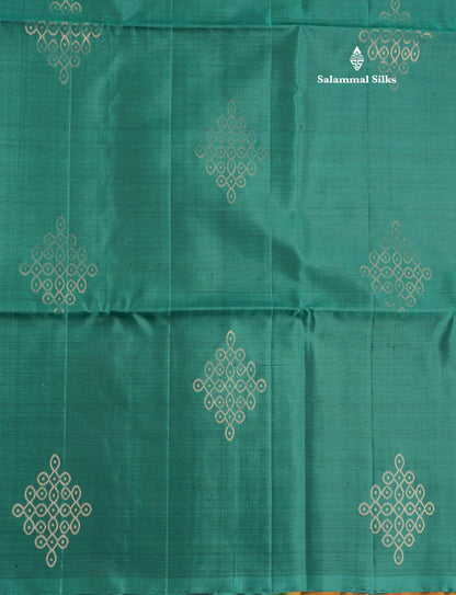 Bottle Green Kolam Design Kanjivaram Pure Soft Silk Saree With Contrast Mustard Yellow Blouse