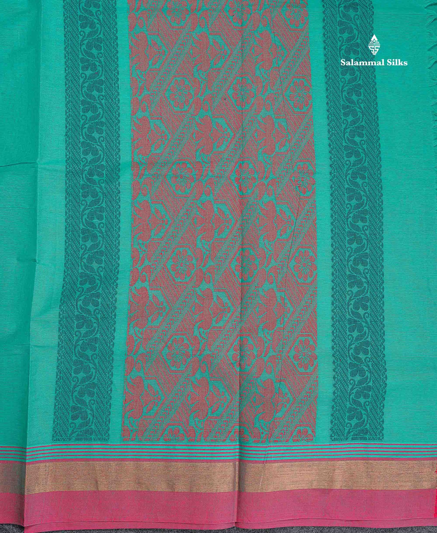 Pure Cotton Saree - Sea Green Colour Body Thread Butta With Contrast Pink Border