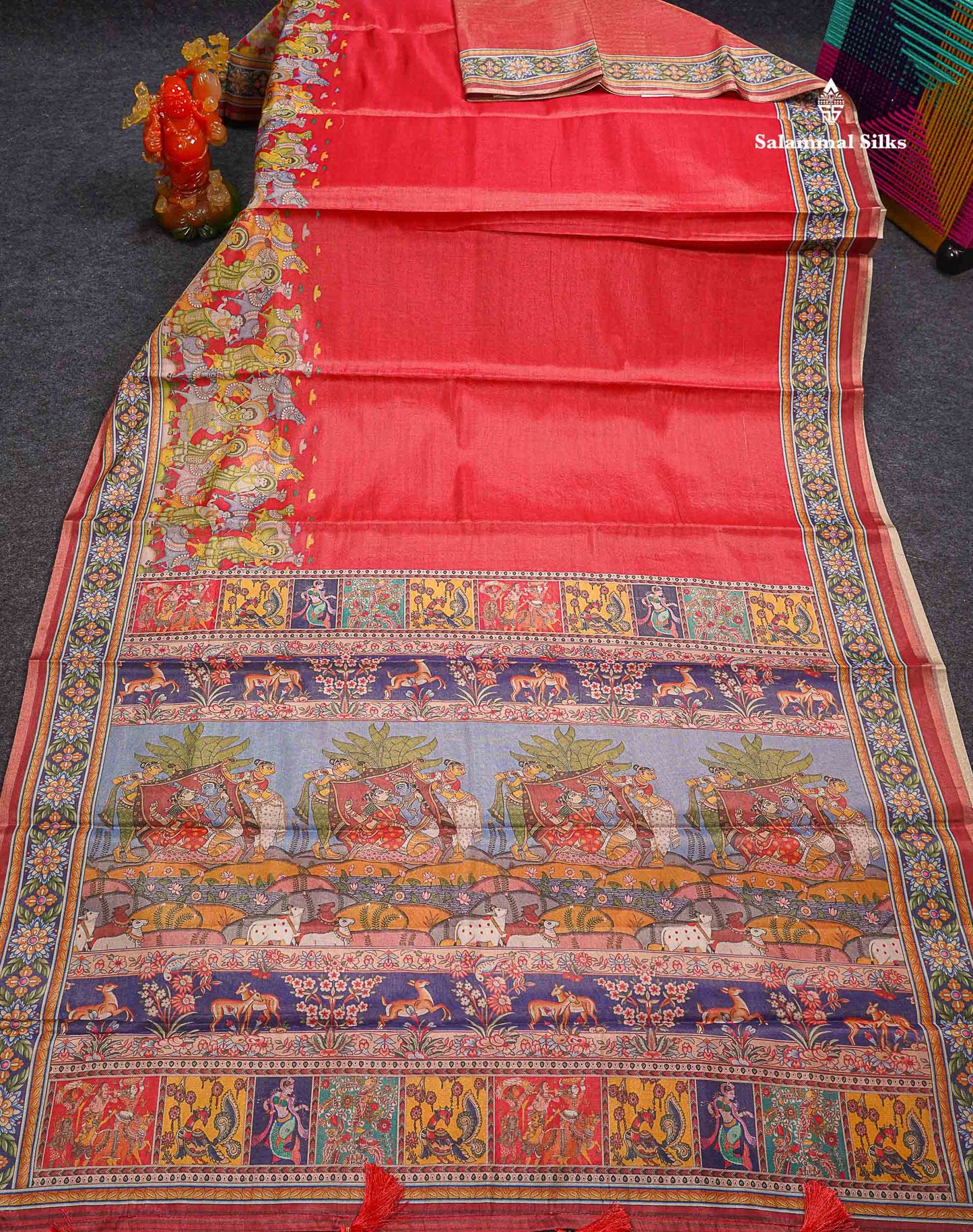 Beautiful Tomato Red Tissue Semi Tussar Fancy Saree With Kalamkari Border