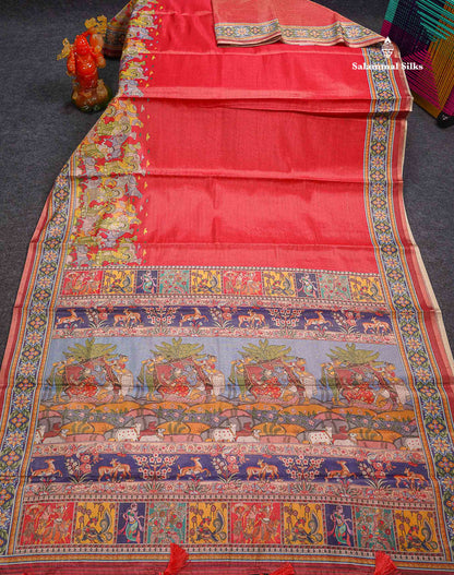 Beautiful Tomato Red Tissue Semi Tussar Fancy Saree With Kalamkari Border