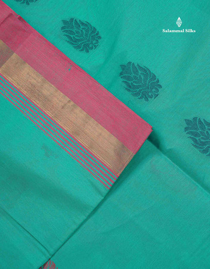 Pure Cotton Saree - Sea Green Colour Body Thread Butta With Contrast Pink Border