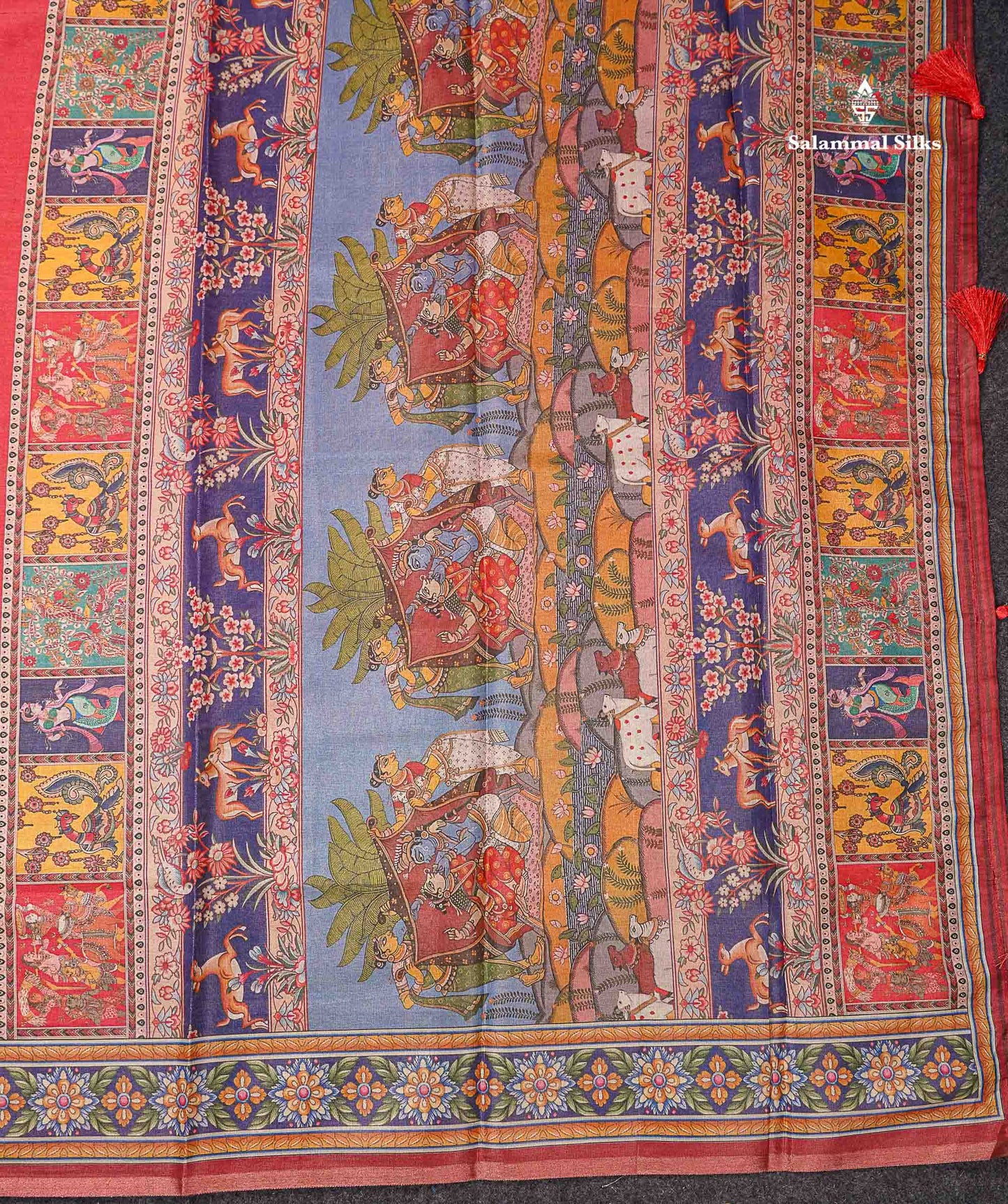 Beautiful Tomato Red Tissue Semi Tussar Fancy Saree With Kalamkari Border