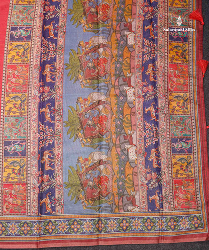 Beautiful Tomato Red Tissue Semi Tussar Fancy Saree With Kalamkari Border