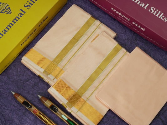 Peach Semi Silk Dhoti, Angavastram & Shirt (2.50M) with Gold Zari Border