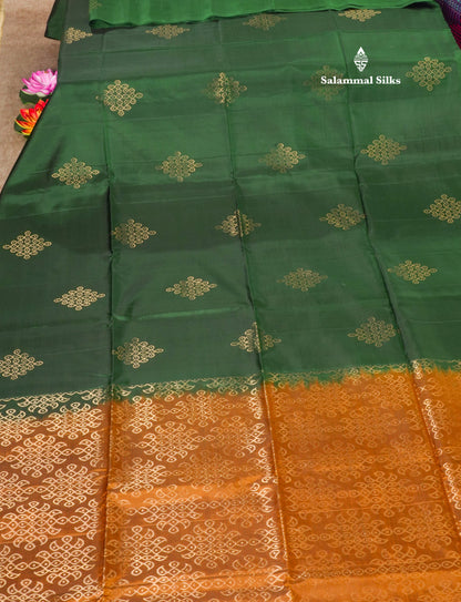 Bottle Green Kolam Design Kanjivaram Pure Soft Silk Saree With Contrast Mustard Yellow Blouse
