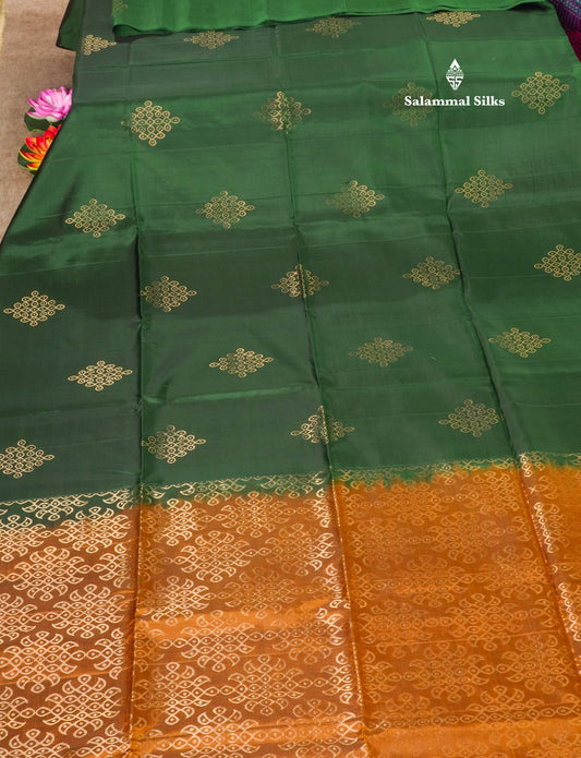 Bottle Green Kolam Design Kanjivaram Pure Soft Silk Saree With Contrast Mustard Yellow Blouse