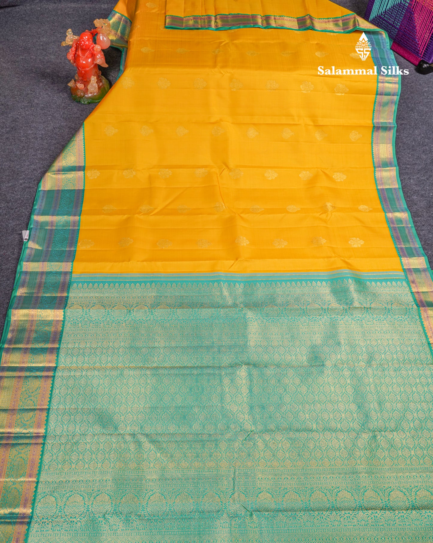 Korvai Yellow Pure Kanjivaram Silk Saree With Contrast Rexona Green Evening Morning Border