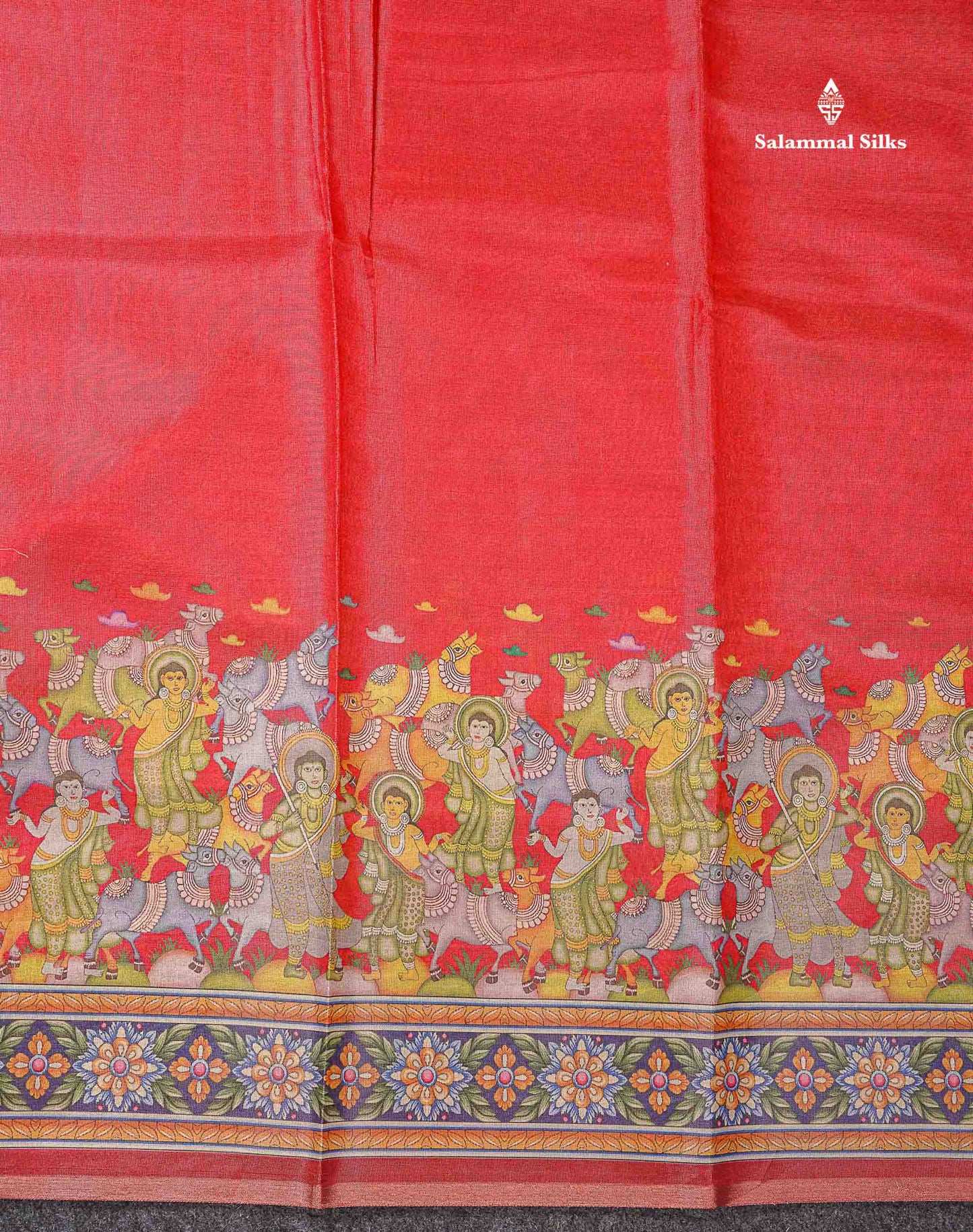 Beautiful Tomato Red Tissue Semi Tussar Fancy Saree With Kalamkari Border