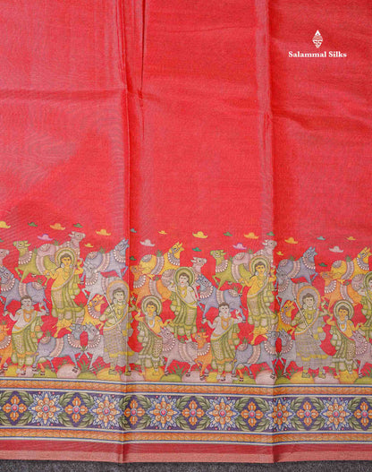 Beautiful Tomato Red Tissue Semi Tussar Fancy Saree With Kalamkari Border