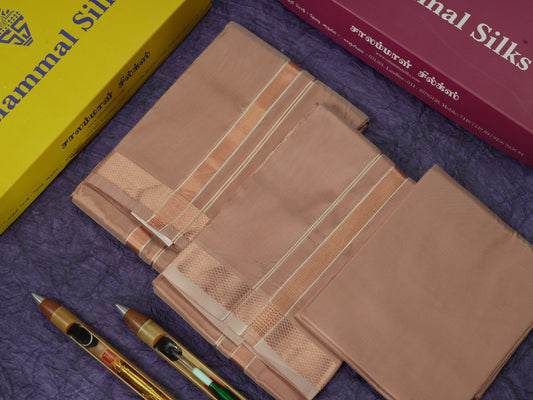 Light Chocolate Semi Silk Dhoti, Angavastram & Shirt (2.50M) with Copper Zari Border