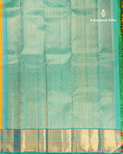 Korvai Yellow Pure Kanjivaram Silk Saree With Contrast Rexona Green Evening Morning Border