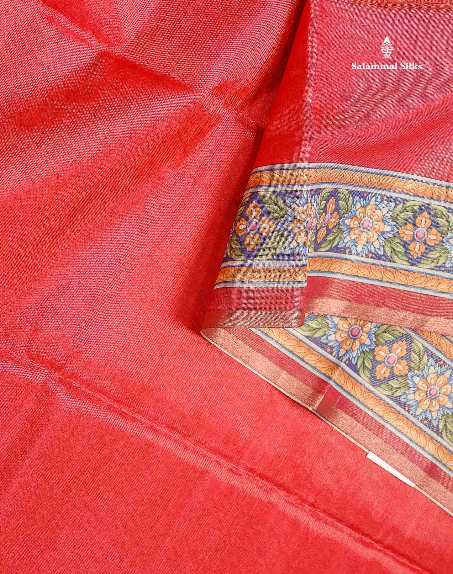 Beautiful Tomato Red Tissue Semi Tussar Fancy Saree With Kalamkari Border