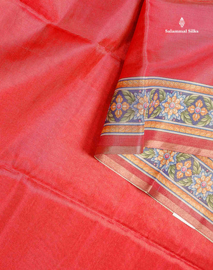 Beautiful Tomato Red Tissue Semi Tussar Fancy Saree With Kalamkari Border