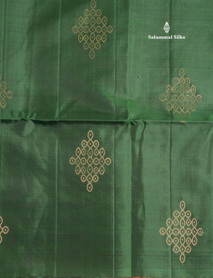 Bottle Green Kolam Design Kanjivaram Pure Soft Silk Saree With Contrast Mustard Yellow Blouse