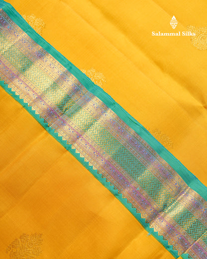 Korvai Yellow Pure Kanjivaram Silk Saree With Contrast Rexona Green Evening Morning Border