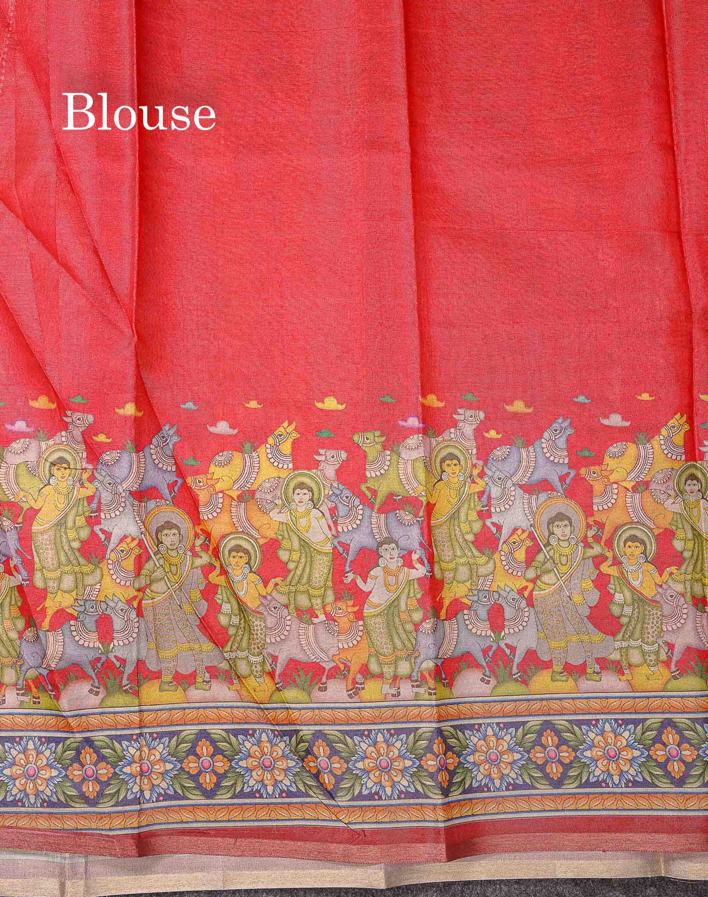 Beautiful Tomato Red Tissue Semi Tussar Fancy Saree With Kalamkari Border