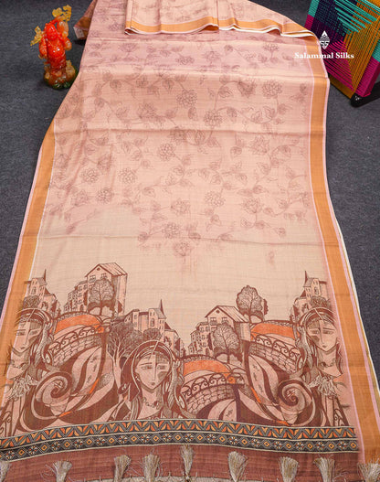 Beautiful Light Copper Colour Floral Design Cotton Mix Fancy Saree With Contrast Brown Kalamkari Blouse