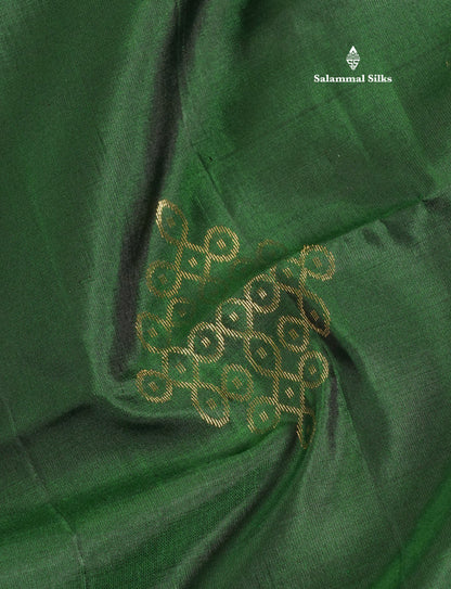Bottle Green Kolam Design Kanjivaram Pure Soft Silk Saree With Contrast Mustard Yellow Blouse