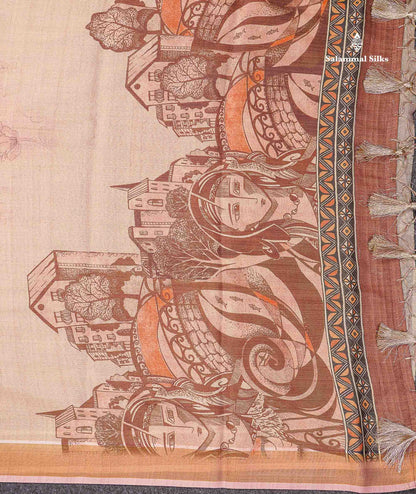 Beautiful Light Copper Colour Floral Design Cotton Mix Fancy Saree With Contrast Brown Kalamkari Blouse