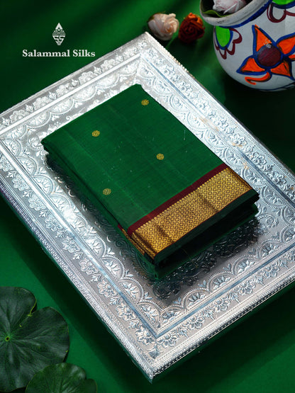 Beautiful Bottle Green Pure Kanjivaram Silk Saree With Contrast Dark Maroon Traditional Small Border