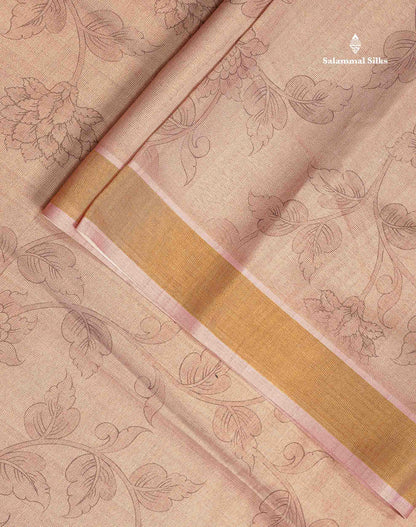 Beautiful Light Copper Colour Floral Design Cotton Mix Fancy Saree With Contrast Brown Kalamkari Blouse