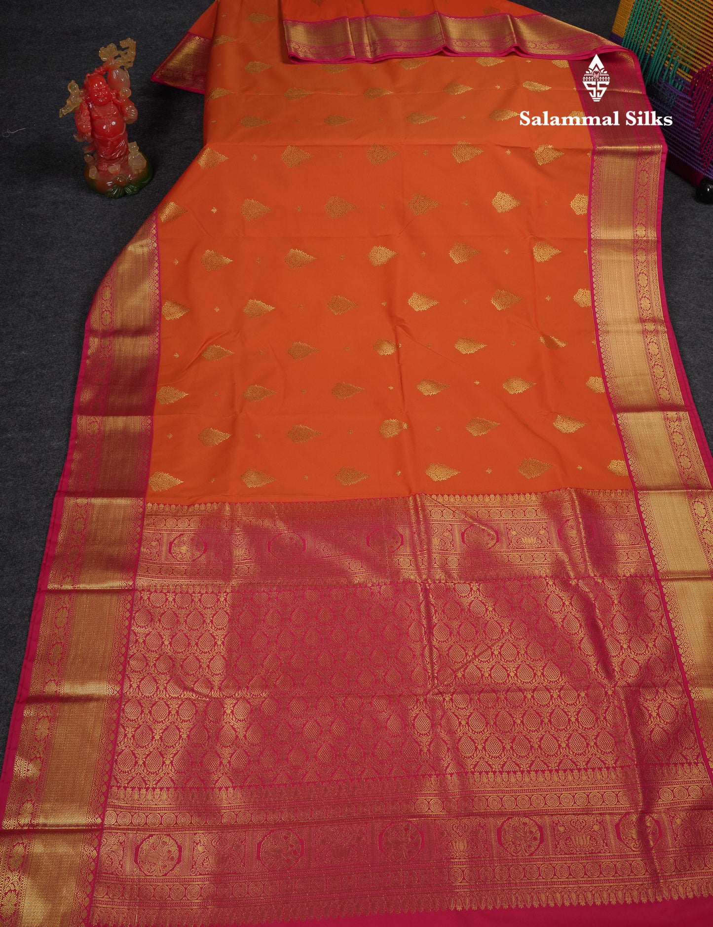Beautiful Orange Semi Silk Saree With Contrast Pink Traditional Border