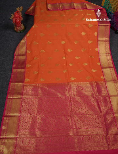 Beautiful Orange Semi Silk Saree With Contrast Pink Traditional Border