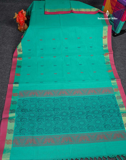Pure Cotton Saree - Sea Green Colour Body Thread Butta With Contrast Pink Small Border 