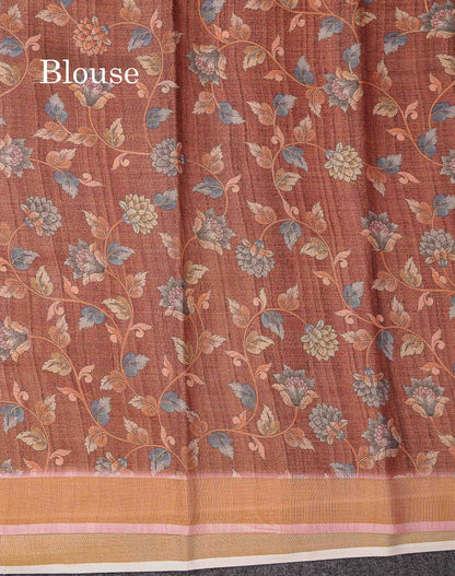 Beautiful Light Copper Colour Floral Design Cotton Mix Fancy Saree With Contrast Brown Kalamkari Blouse
