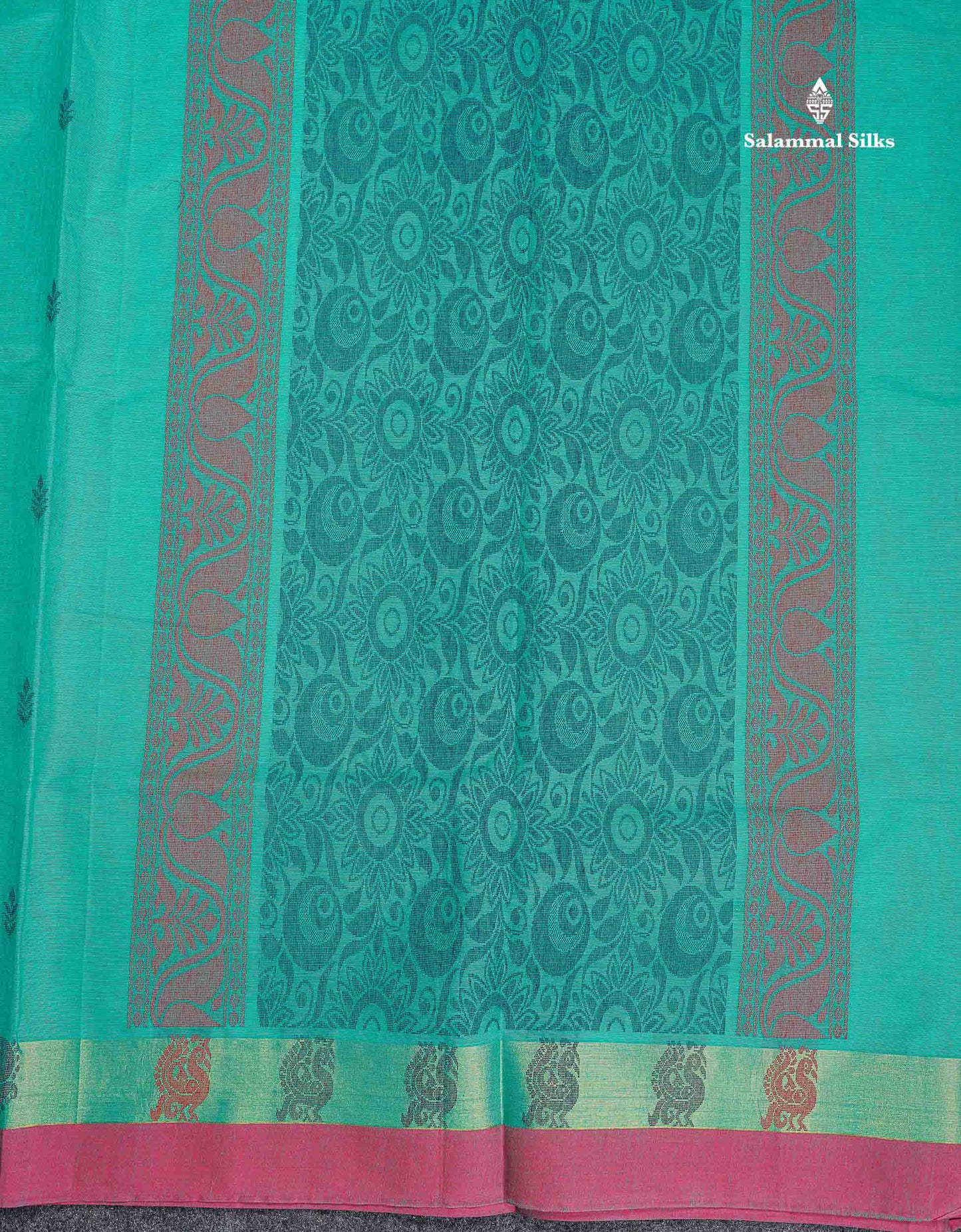 Pure Cotton Saree - Sea Green Colour Body Thread Butta With Contrast Pink Small Border