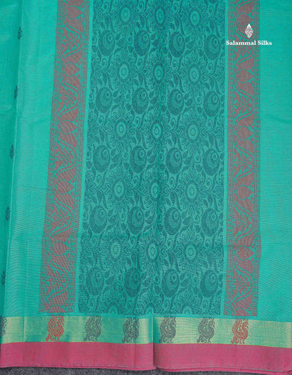 Pure Cotton Saree - Sea Green Colour Body Thread Butta With Contrast Pink Small Border