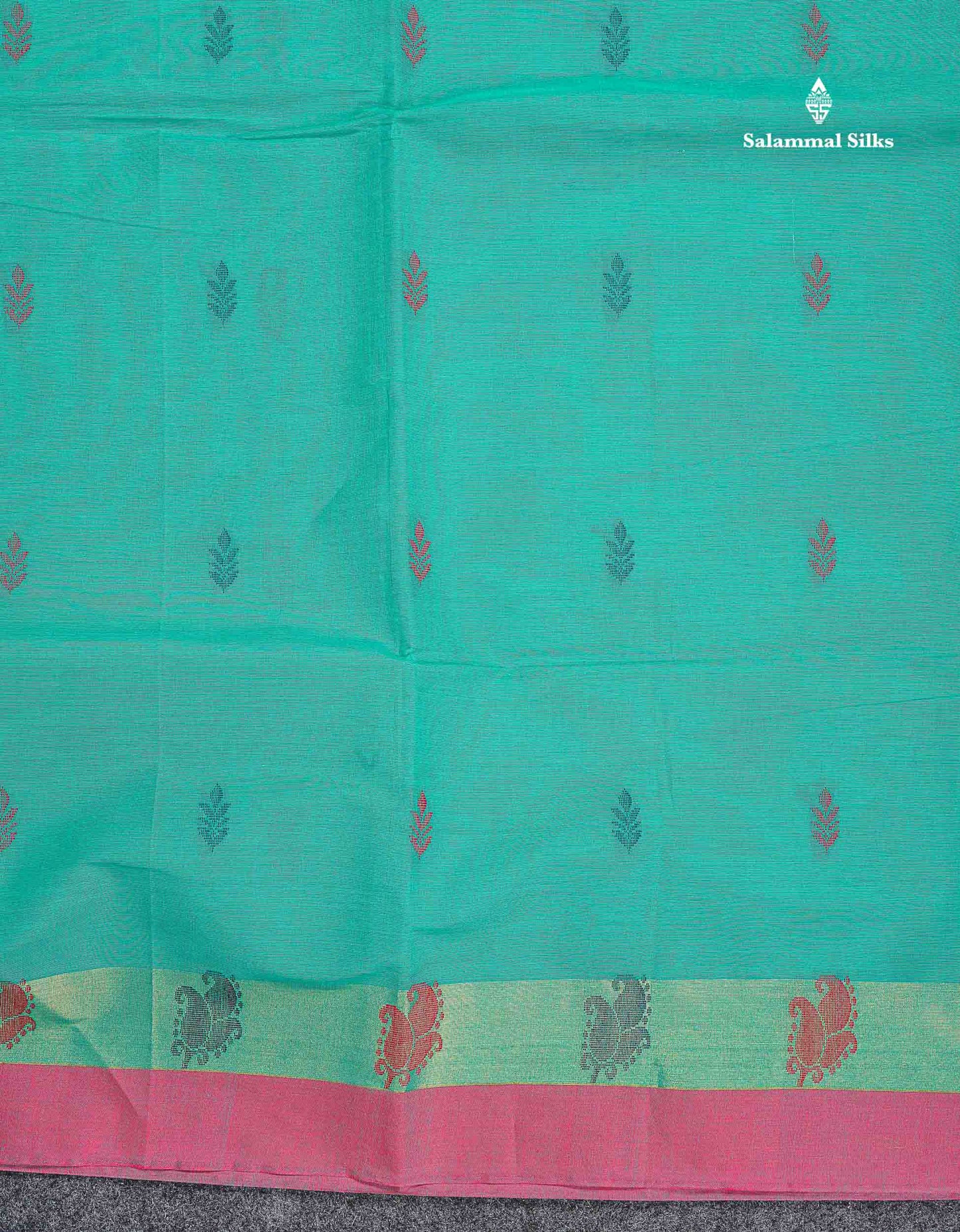 Pure Cotton Saree - Sea Green Colour Body Thread Butta With Contrast Pink Small Border
