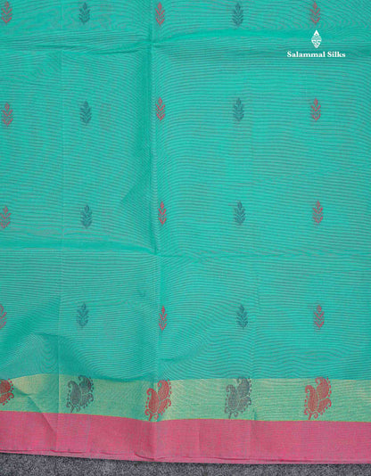 Pure Cotton Saree - Sea Green Colour Body Thread Butta With Contrast Pink Small Border