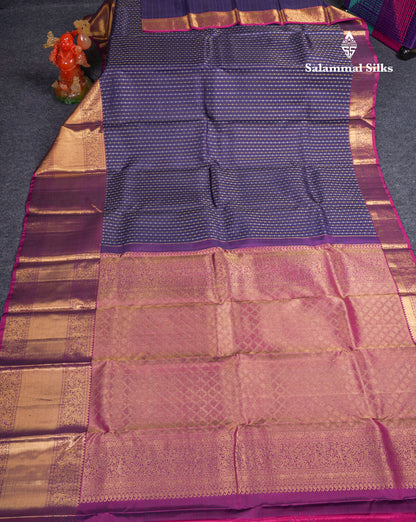 Navy Blue Pure Kanjivaram Silk Saree With Contrast Magenta Traditional Evening Morning Border