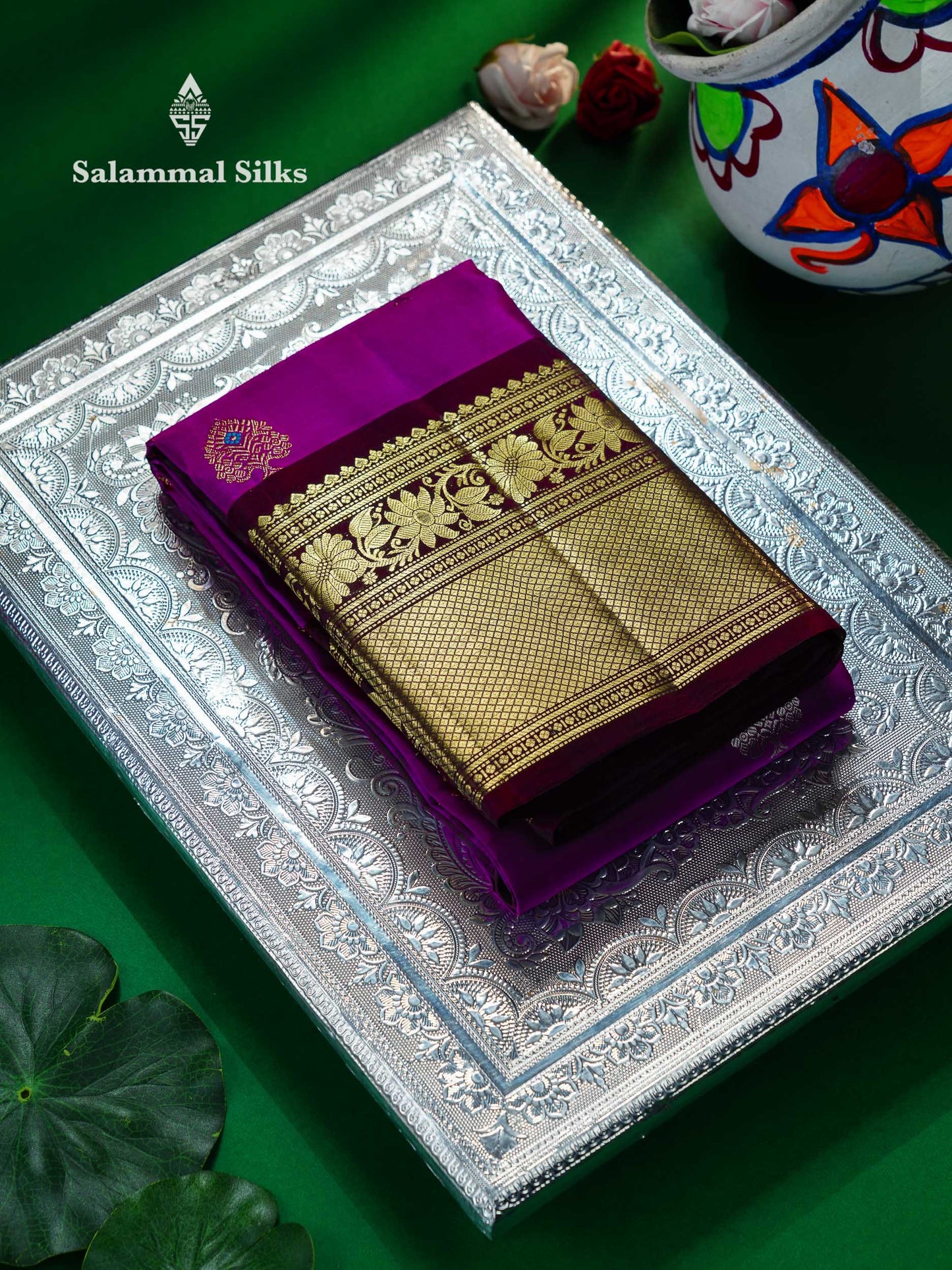 Beautiful Dual Tone Magenta Silver & Gold Zari Buttas With Menakari Work Pure Kanjivaram Silk Saree With Contrast Dark Brown Traditional Evening Morning Border