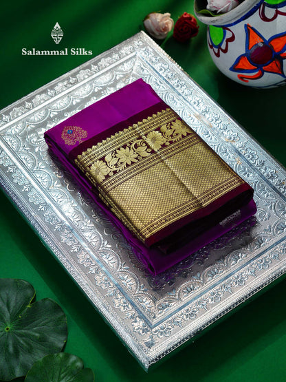 Beautiful Dual Tone Magenta Silver & Gold Zari Buttas With Menakari Work Pure Kanjivaram Silk Saree With Contrast Dark Brown Traditional Evening Morning Border