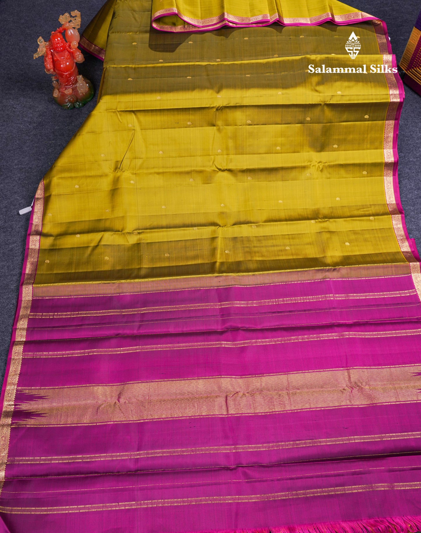 Beautiful Dual Tone Manthulir Green Pure Kanjivaram Silk Saree With Contrast Rani Pink Traditional Small Border