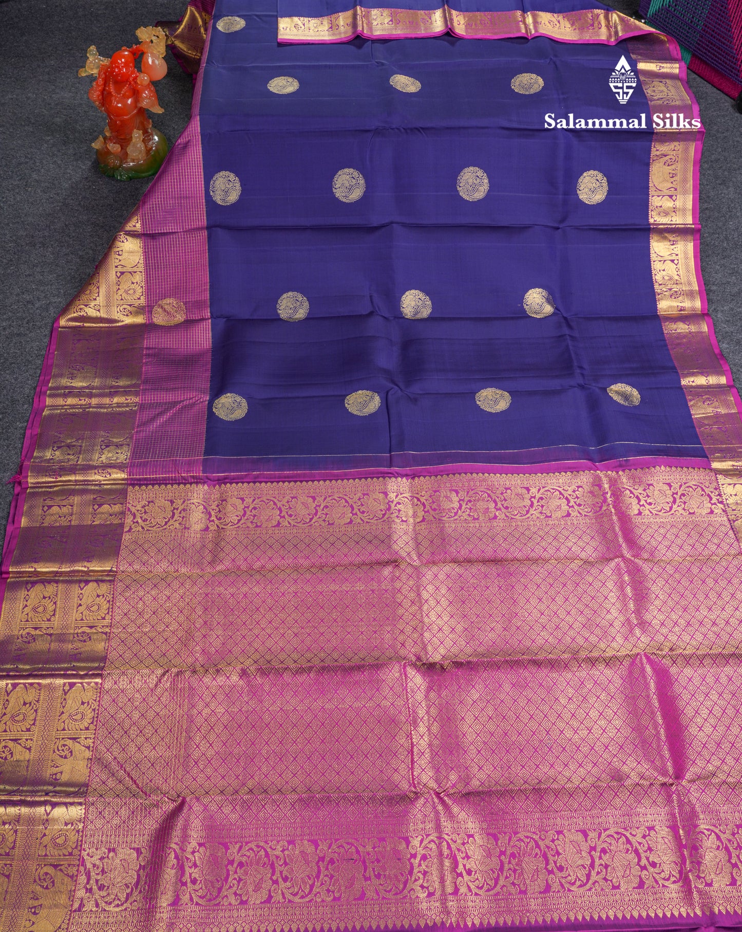 Navy Blue Pure Kanjivaram Silk Saree With Contrast Magenta Traditional Samall Checks With Butta Evening Morning Border